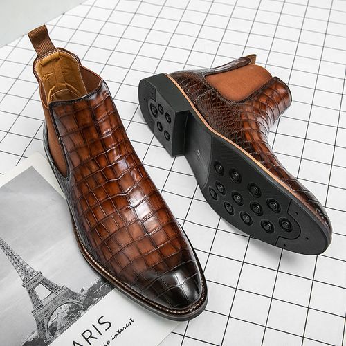 Elegant Chelsea Boots Men Shoes Superior Quality Snakeskin Pattern Leather Boots High Top Slip-on Dress Formal Boots Luxury Male Shoes Brown