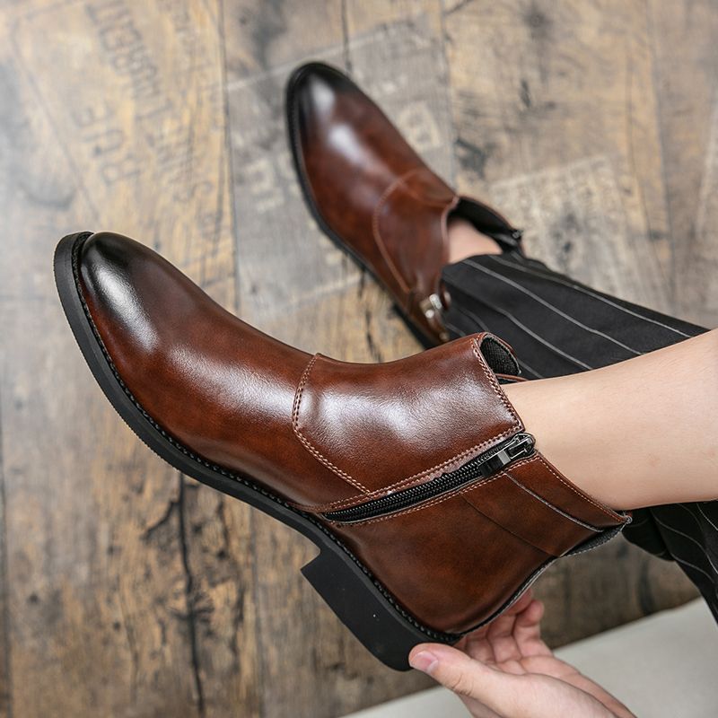 Elegant Chelsea Boots Men Shoes Big Size 38-48 Superior Quality Full Grain Cow Leather Boots Gentleman High Top Buckle Zipper Slip-on Male Shoes Brown