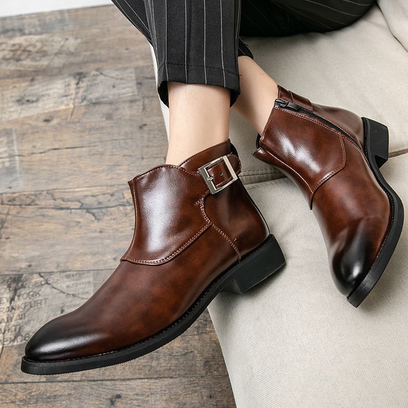 Elegant Chelsea Boots Men Shoes Big Size 38-48 Superior Quality Full Grain Cow Leather Boots Gentleman High Top Buckle Zipper Slip-on Male Shoes Brown