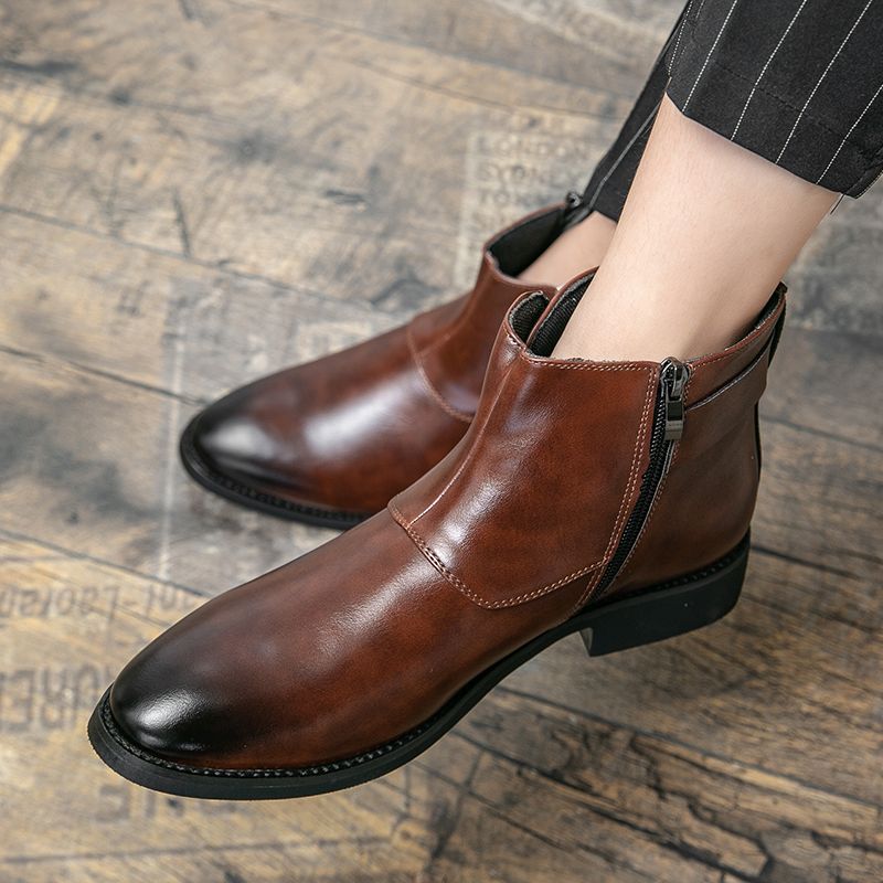 Elegant Chelsea Boots Men Shoes Big Size 38-48 Superior Quality Full Grain Cow Leather Boots Gentleman High Top Buckle Zipper Slip-on Male Shoes Brown