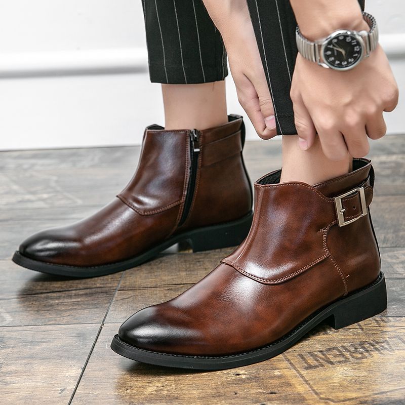 Elegant Chelsea Boots Men Shoes Big Size 38-48 Superior Quality Full Grain Cow Leather Boots Gentleman High Top Buckle Zipper Slip-on Male Shoes Brown