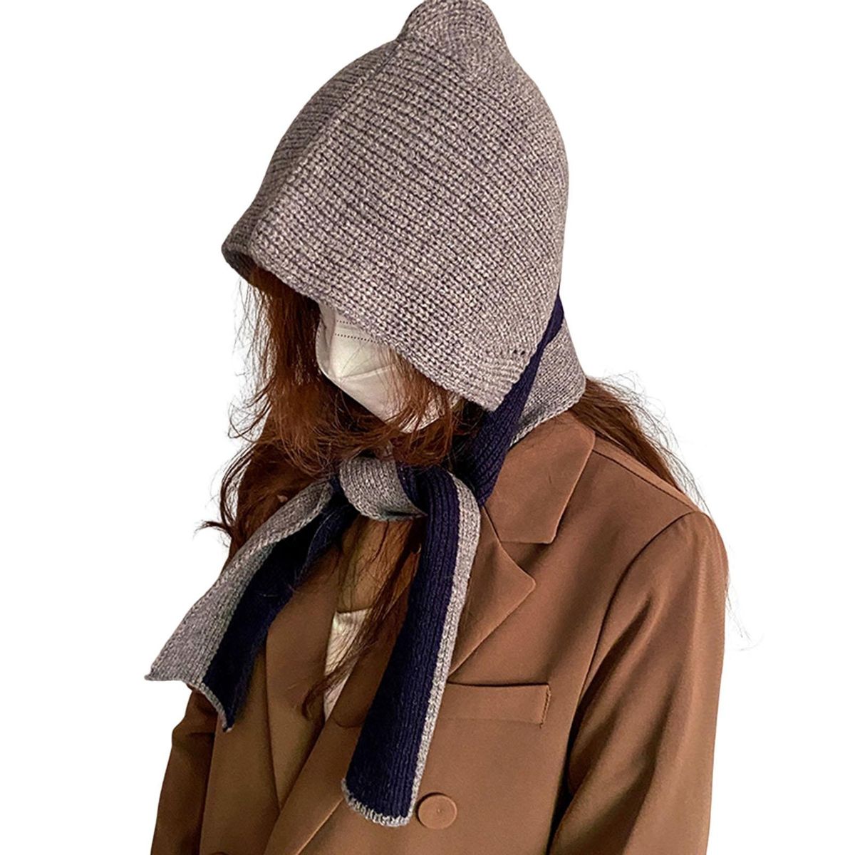 Scarf Hat Women Winter Patchwork Color Hooded Scarf Grey