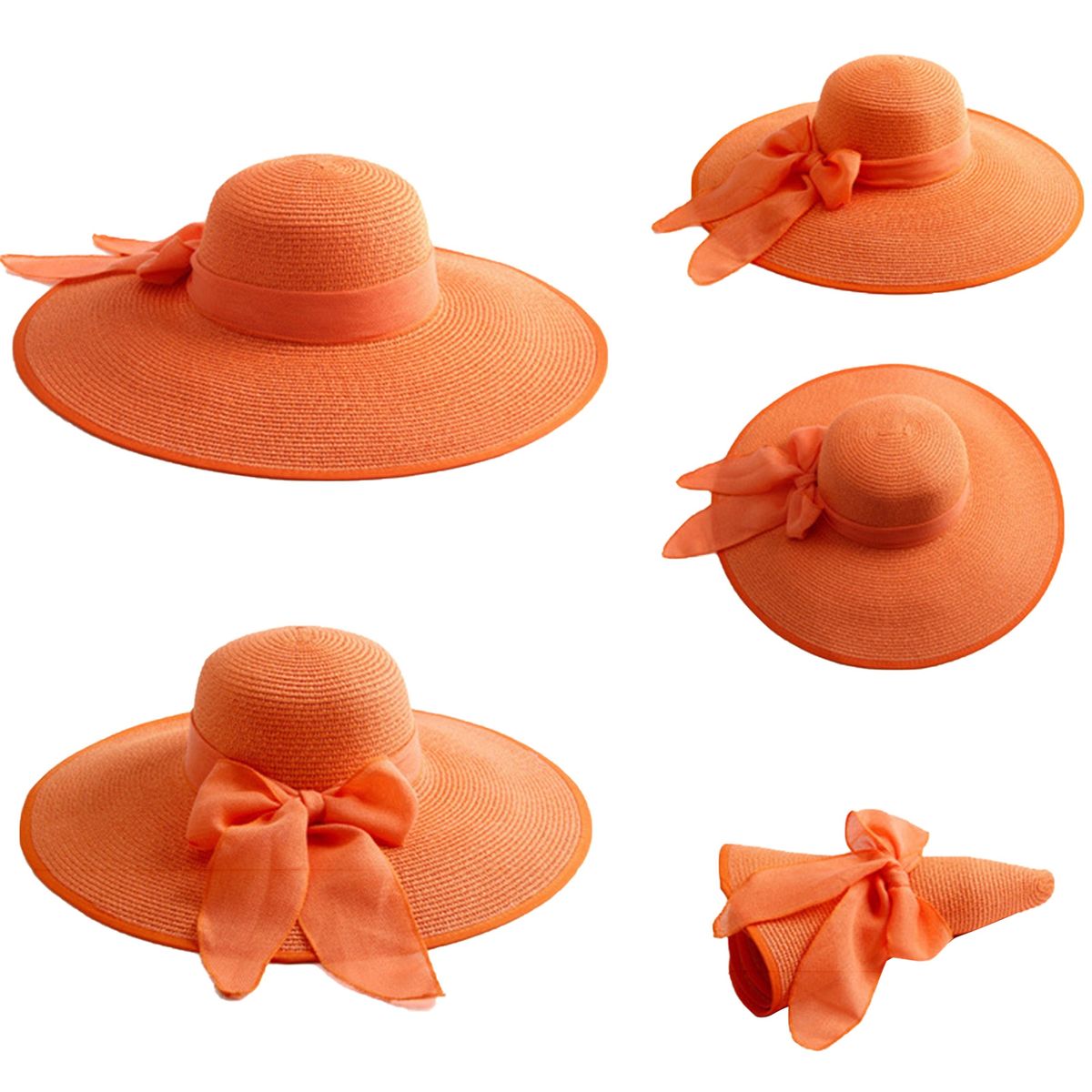 Straw Hat Comfortable Ribbon Bow Summer Cap Orange