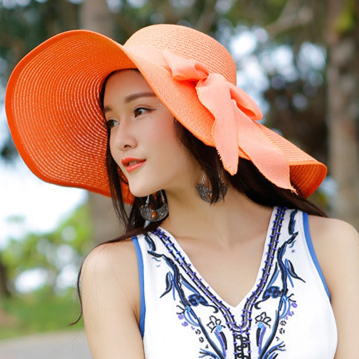 Straw Hat Comfortable Ribbon Bow Summer Cap Orange