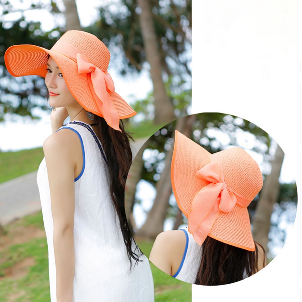 Straw Hat Comfortable Ribbon Bow Summer Cap Orange