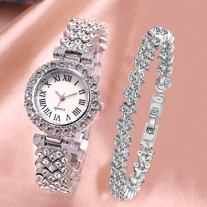 Ladies Luxury Iced Stone Wristwatch With Bracelet -Silver