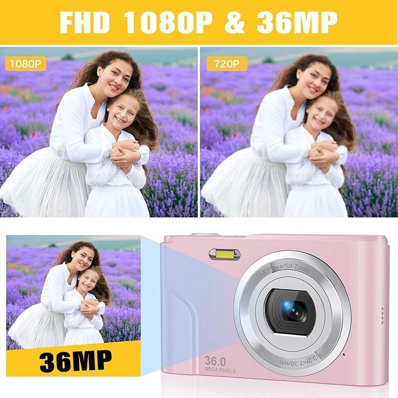 1080P 36.0 Mega Pixels Digital Camera With 16X Digital Zoom, LCD Screen, Portable Mini Cameras For Students Teens Pink
