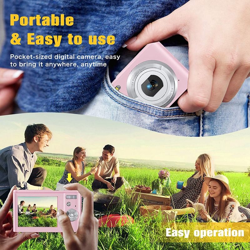 1080P 36.0 Mega Pixels Digital Camera With 16X Digital Zoom, LCD Screen, Portable Mini Cameras For Students Teens Pink