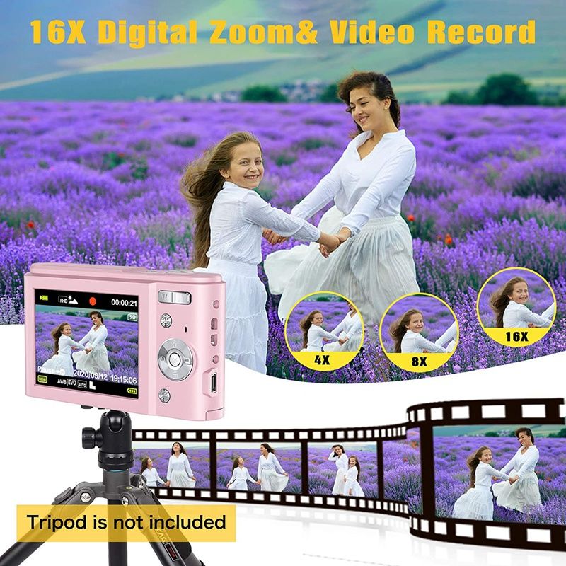 1080P 36.0 Mega Pixels Digital Camera With 16X Digital Zoom, LCD Screen, Portable Mini Cameras For Students Teens Pink
