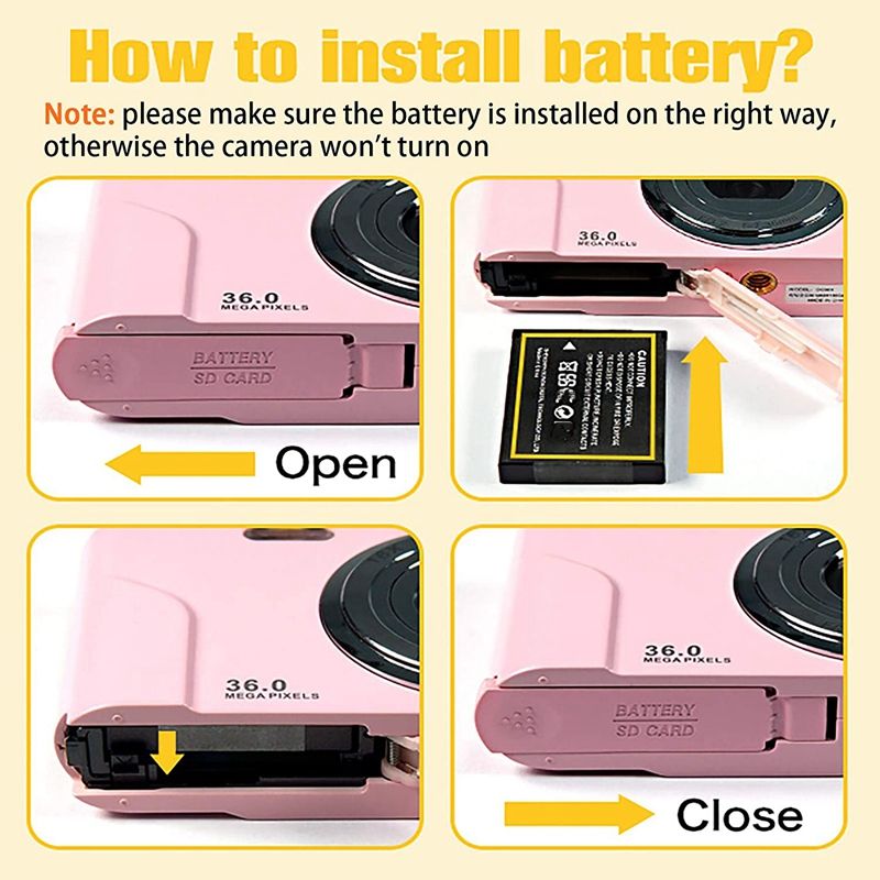 1080P 36.0 Mega Pixels Digital Camera With 16X Digital Zoom, LCD Screen, Portable Mini Cameras For Students Teens Pink