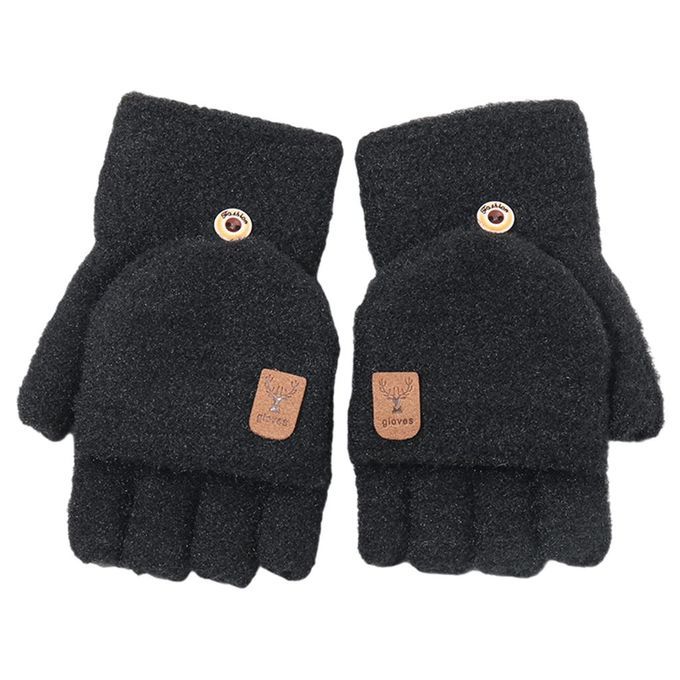 Winter Mittens Women Girl Convertible Thick Flip Knitting Black