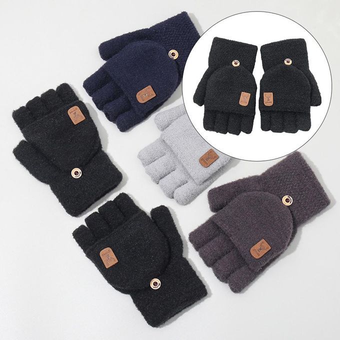 Winter Mittens Women Girl Convertible Thick Flip Knitting Black