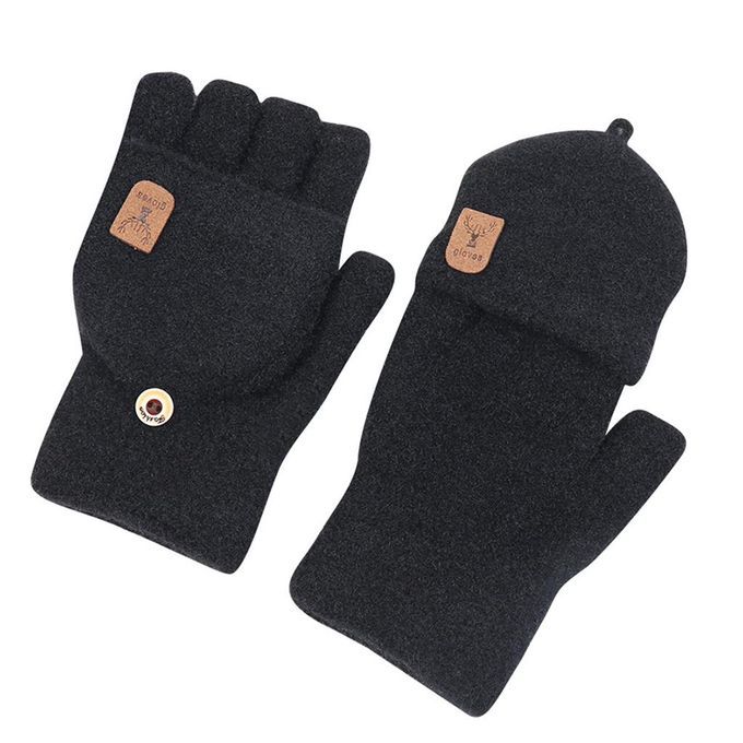 Winter Mittens Women Girl Convertible Thick Flip Knitting Black