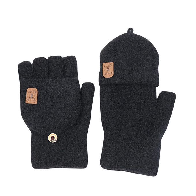 Winter Mittens Women Girl Convertible Thick Flip Knitting Black