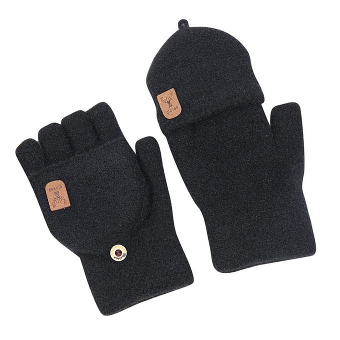 Winter Mittens Women Girl Convertible Thick Flip Knitting Black