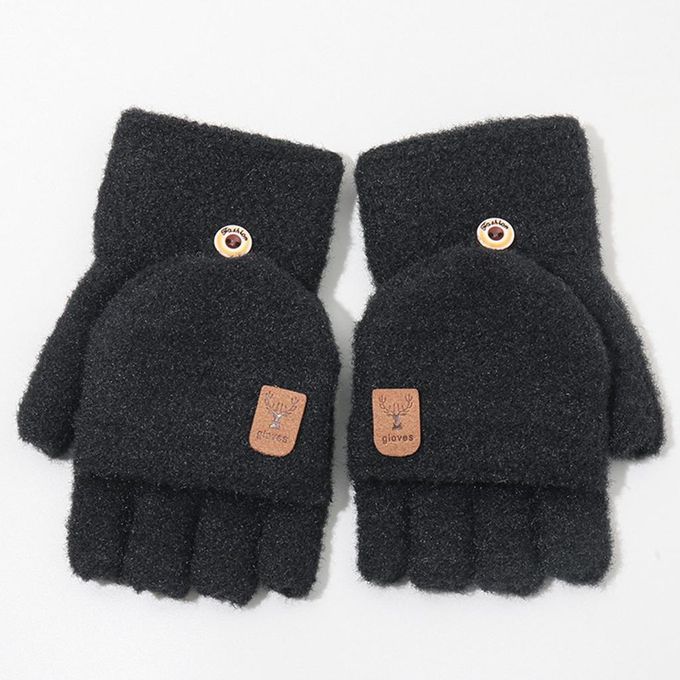 Winter Mittens Women Girl Convertible Thick Flip Knitting Black