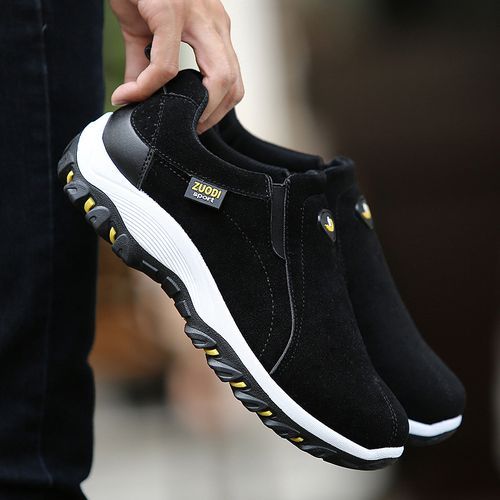 High-quality Men Hiking Shoes Big Size 39-48 Suede Leather Slip On Sneakers Anti-Slip Outdoor Trekking Travel Footwear Mountain Shoes Black