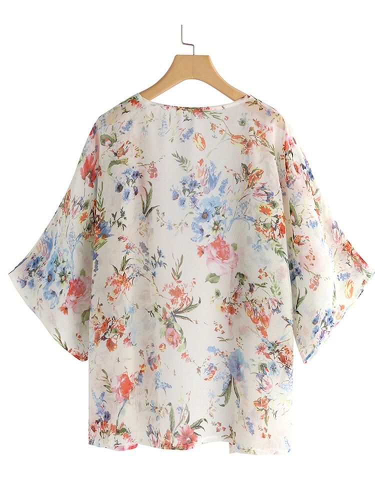 Women Bat Sleeve Floral Print Bohemian Style Simple Casual Cardigan