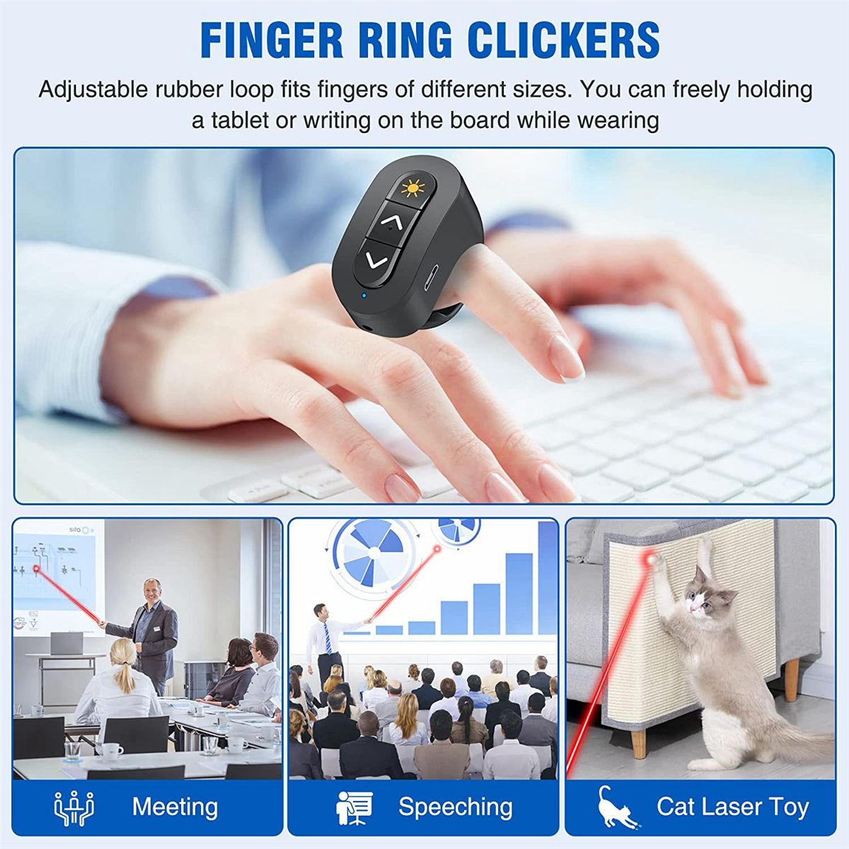 2.4GHz Rechargeable Wireless Presenter Finger Ring with Red Light USB Presentation Remote for Win 10 8 7 XP Power Point