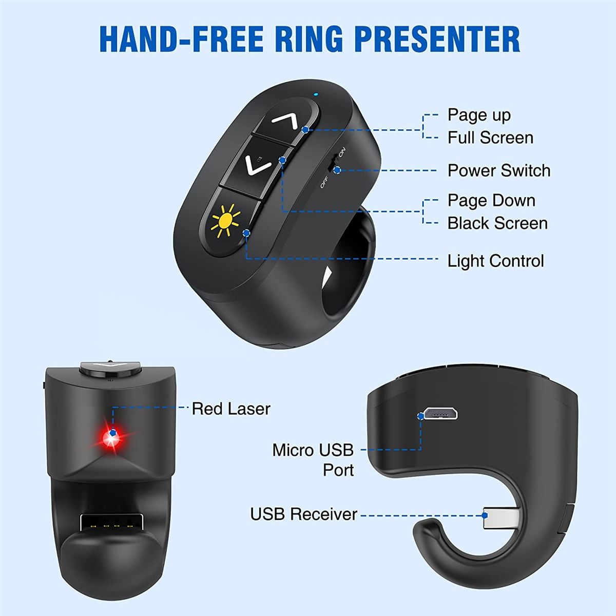 2.4GHz Rechargeable Wireless Presenter Finger Ring with Red Light USB Presentation Remote for Win 10 8 7 XP Power Point