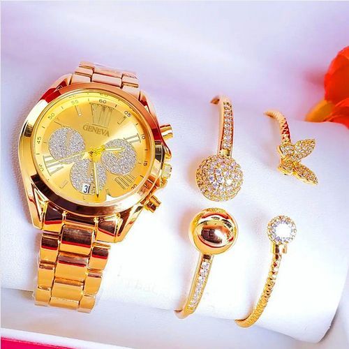 Super Adorable & Very Majestic Gold Wristwatch +  Double Exotic Wrist Set For Classic Babe's
