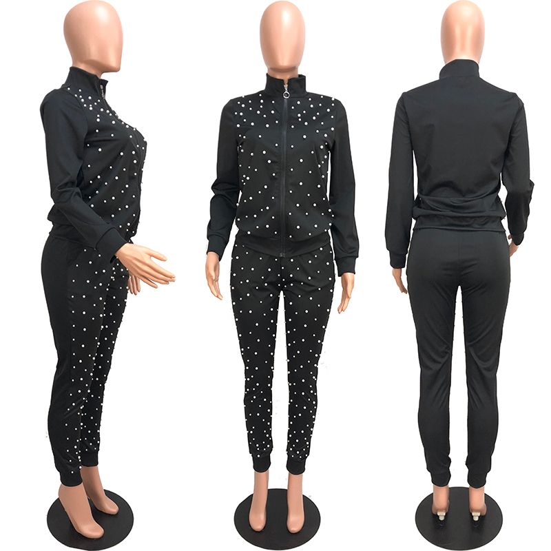 TWO PIECE SET Pearl Tracksuit Beads Long Sleeve Leisure Jogger Pants Women Sweat Suits Streetwear Lounge Wear Clothes Plus Size（#Black）