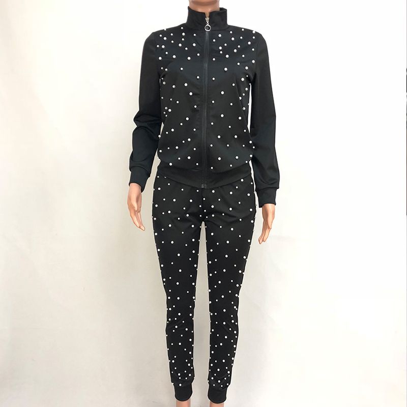 TWO PIECE SET Pearl Tracksuit Beads Long Sleeve Leisure Jogger Pants Women Sweat Suits Streetwear Lounge Wear Clothes Plus Size（#Black）
