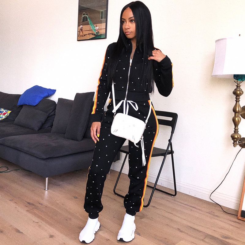 TWO PIECE SET Pearl Tracksuit Beads Long Sleeve Leisure Jogger Pants Women Sweat Suits Streetwear Lounge Wear Clothes Plus Size（#Black）