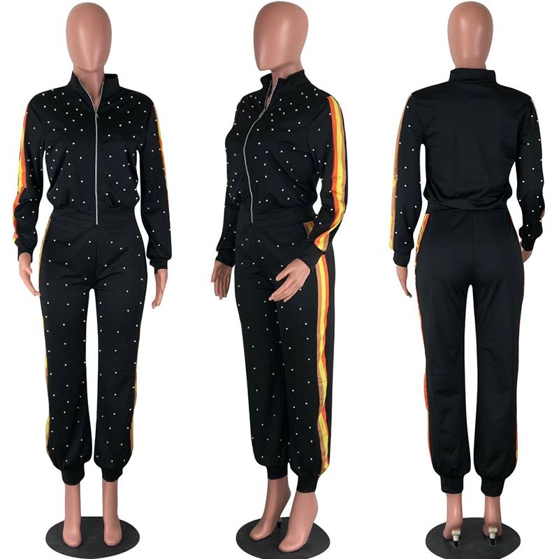 TWO PIECE SET Pearl Tracksuit Beads Long Sleeve Leisure Jogger Pants Women Sweat Suits Streetwear Lounge Wear Clothes Plus Size（#Black）