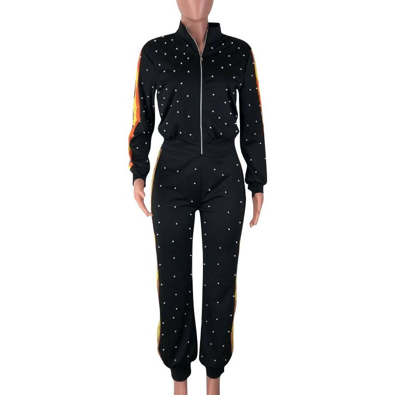 TWO PIECE SET Pearl Tracksuit Beads Long Sleeve Leisure Jogger Pants Women Sweat Suits Streetwear Lounge Wear Clothes Plus Size（#Black）