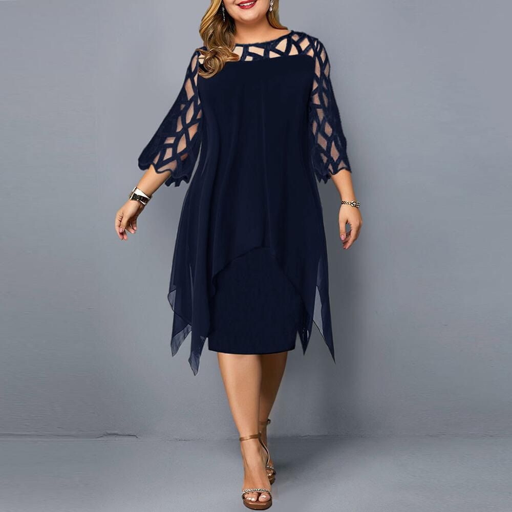 (Blue)5XL Plus Size Party Dress  Elegant Lace Mesh  L-6XL White Red Purple Black Blue Green Loose Women's Colthing SAB