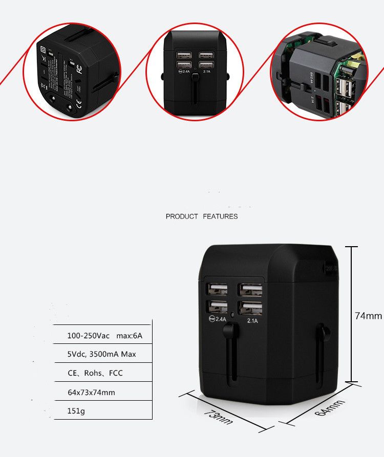 Universal Travel Power Plug Adapter Socket US AU UK To EU Plug Travel Wall Converter With Four USB Charger 5V 2.1A