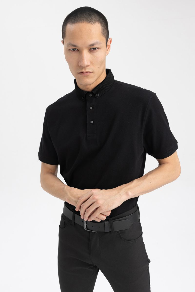 Man Slim Fit Short Sleeve Knitted Polo T-Shirt - Black