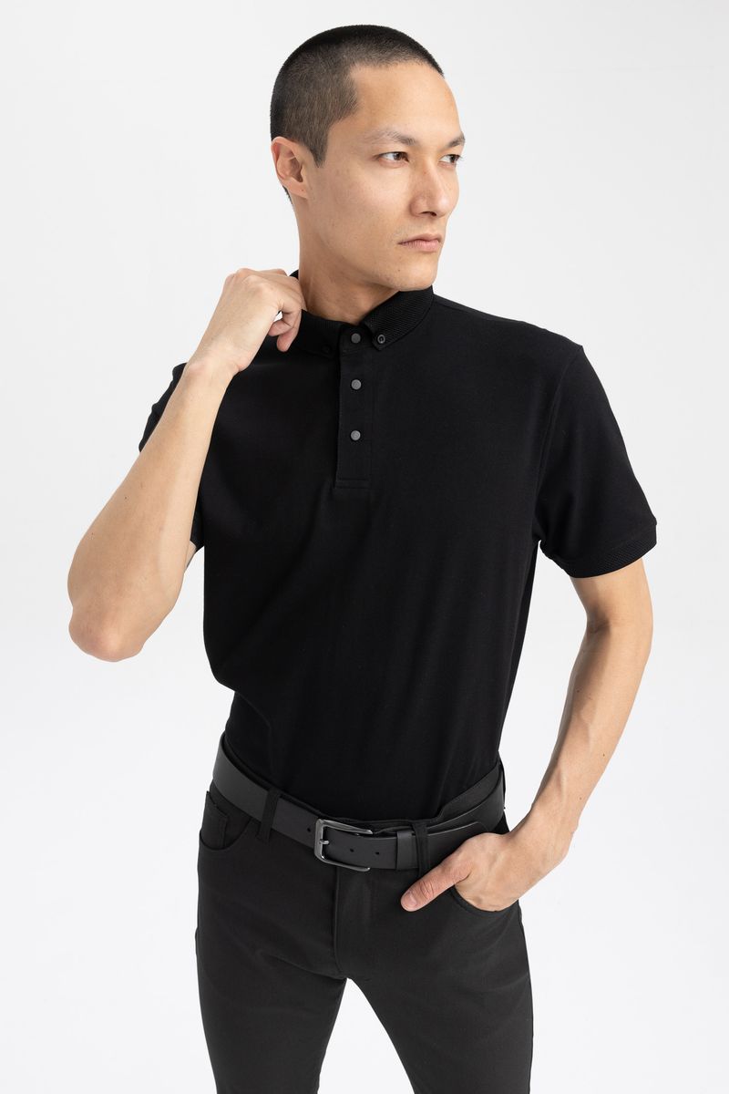 Man Slim Fit Short Sleeve Knitted Polo T-Shirt - Black