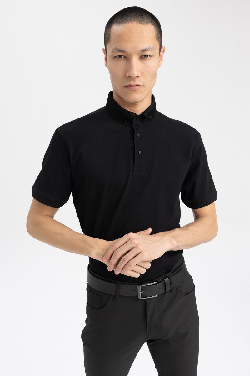 Man Slim Fit Short Sleeve Knitted Polo T-Shirt - Black