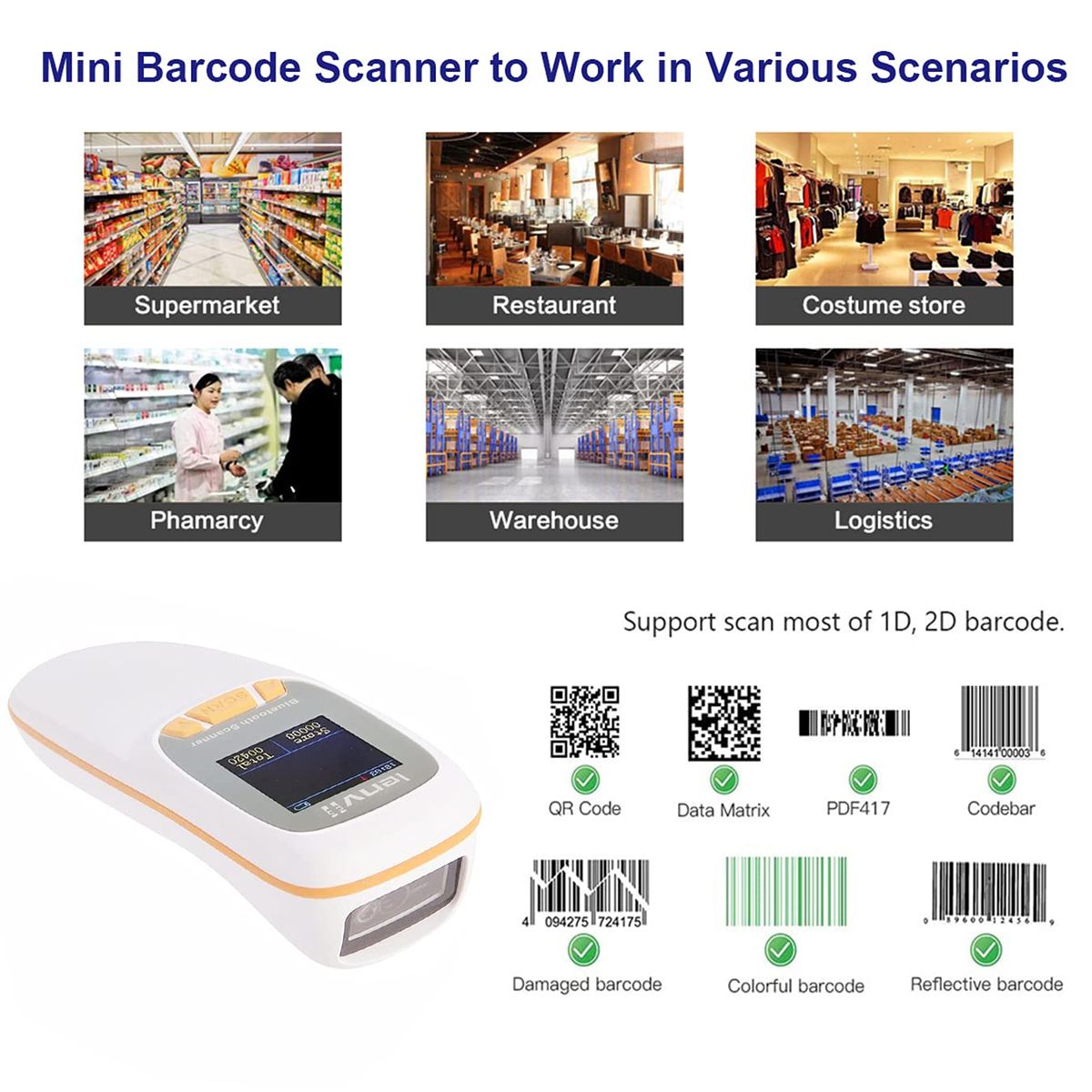 R777 Portable Bluetooth Barcode Scanner Wireless With LCD Screen Handheld 2D Barcode Reader QR Code Scanner