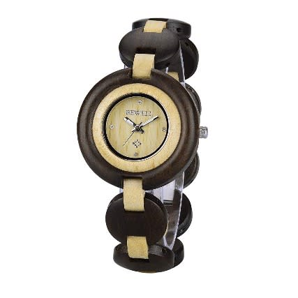 Ladies Wooden Bracelet Elegant Two Tone Luminous Analog Quartz Round Watch