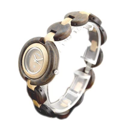 Ladies Wooden Bracelet Elegant Two Tone Luminous Analog Quartz Round Watch