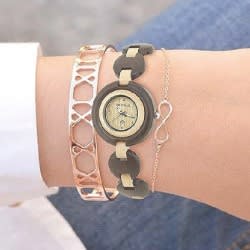 Ladies Wooden Bracelet Elegant Two Tone Luminous Analog Quartz Round Watch