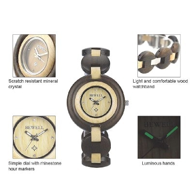 Ladies Wooden Bracelet Elegant Two Tone Luminous Analog Quartz Round Watch