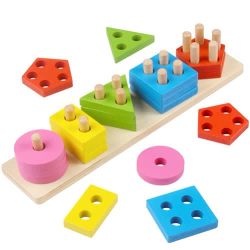 Wooden Geometric Column Toy Shape And Colour Sorting Blocks For Kids