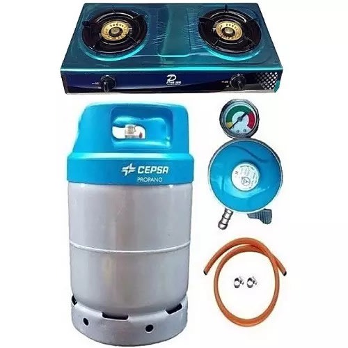 12.5kg Gas Cylinder With Universal Gas Cooker Metered Regulator, Hose & Clips - Blue