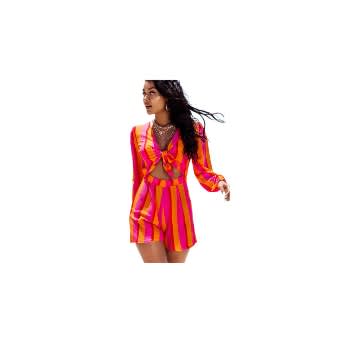 Front Tie Stripe Playsuit  -Playsuit