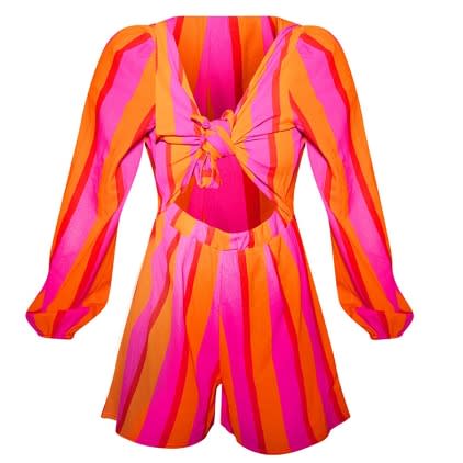 Front Tie Stripe Playsuit  -Playsuit