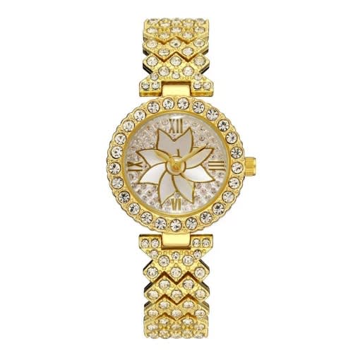 Ice Rhinestone Women Wrist Watch With Bracelet- Gold