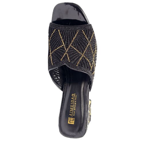 Nova Slippers With Gold And Black Studs - Black