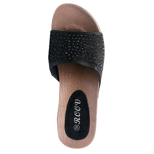Gillian Slippers With Wood Inspired Sole And Studded Top - Black