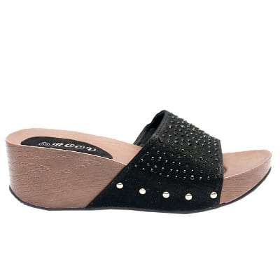 Gillian Slippers With Wood Inspired Sole And Studded Top - Black