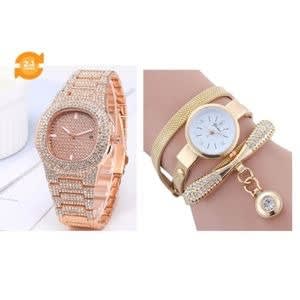 2 In 1 Full Steel Rhinestone Ladies Wrist Watch With Bracelet- Rose Gold