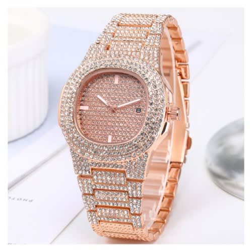 2 In 1 Full Steel Rhinestone Ladies Wrist Watch With Bracelet- Rose Gold